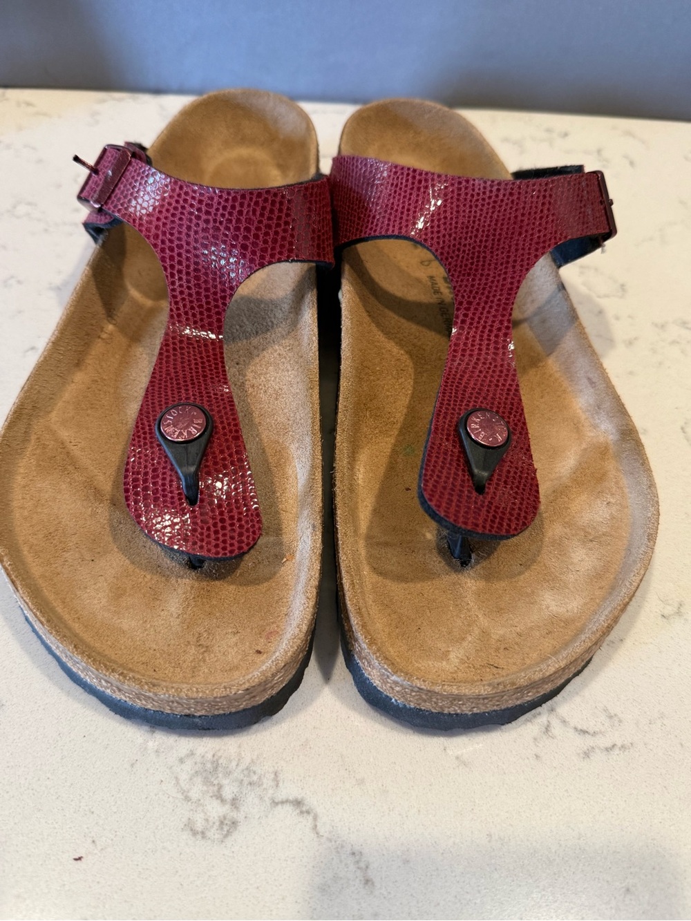 Birkenstock Brown Leather T-Strap Sandals with Gold Accents - Picture 13 of 16